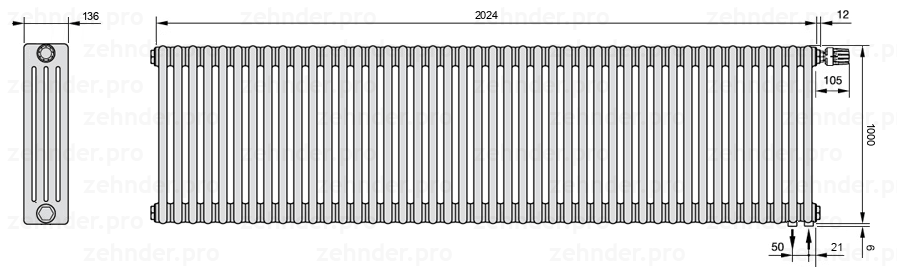 Схема (чертеж) Радиатор Zehnder Charleston 4100/44 №V002 Белый глянцевый RAL 9016